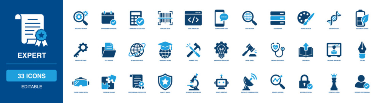 Professional Specialist and Expert Glyph Icon Collection Verifying Analytics Appointment Barcode Consultation DNA Archive Graduate Hammer Innovation Gavel Package Nib Robot Compass Book