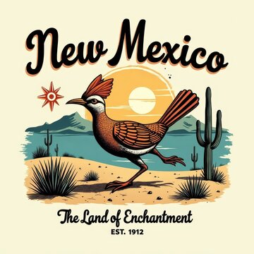 New Mexico retro travel poster featuring the roadrunner state bird. Vintage 'Land of Enchantment' design with Zia sun symbol, desert cactus, and mountains.