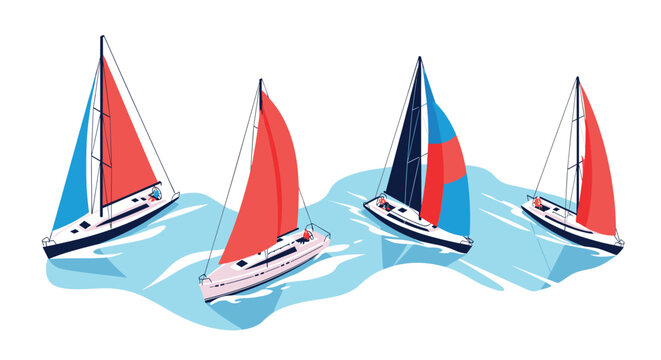 Four modern sailboats with red and blue sails racing or sailing across blue water waves for sports leisure and ocean adventure concepts.