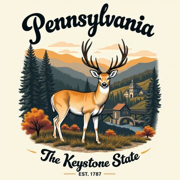 Vintage Pennsylvania travel emblem with a white-tailed deer. Retro Keystone State design featuring Appalachian mountains, autumn forest, and a rustic village.
