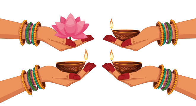 Four sets of hands with Indian traditional bangles and henna holding a pink lotus flower or lit oil lamps for Diwali celebration themes.
