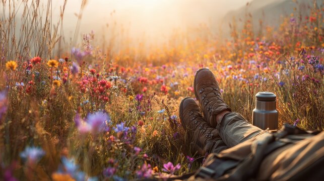 Explore adventure outdoor in National Park. A person resting in a field of wildflowers at sunset, wearing hiking boots and a backpack, holding a thermos bottle.
