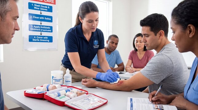 First aid training session with diverse adults, instructor demonstrating wound care on arm, medical supplies and educational materials visible, classroom setting, focused and attentive atmosphere