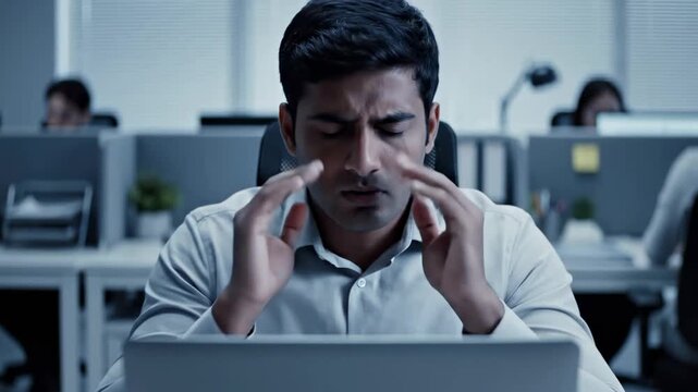 Frustrated Office Worker Experiencing Stress and Overwhelm at His Workstation