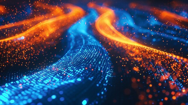 Vibrant high speed digital fiber optic rivers with glowing blue and orange dot particles illustrating rapid data transfer