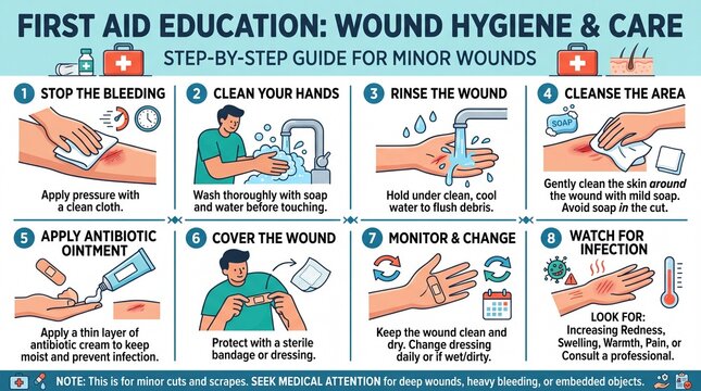 Stop bleeding clean your hands wash wound cleanse area apply antibiotic ointment cover with bandage monitor and change dressing watch for infection in minor wounds