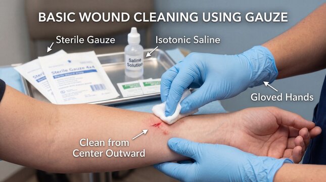 Gloved hands clean minor arm wound using sterile gauze and isotonic saline, demonstrating basic wound care technique in clinical setting, promoting hygiene and safety