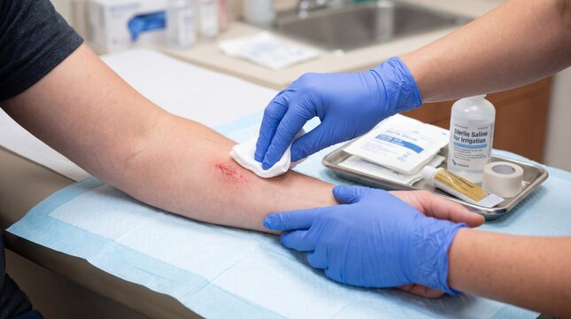 Person receiving first aid for arm wound, healthcare worker cleaning abrasion with gauze, sterile gloves, medical supplies, clinical setting, hygiene emphasized