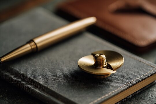 Brass fidget spinner and pen on textured notebook for mindful focus, tactile exploration, and executive wellbeing