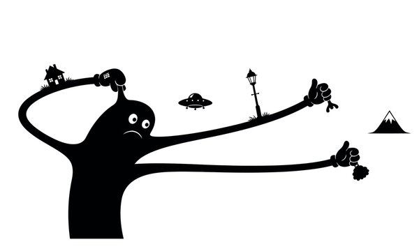 Sad black monster character with long arms holding a house and street lamp with a flying saucer and mountain in the distance Vector, illustration cartoon art