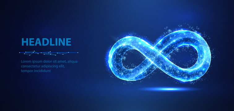 Glowing blue infinity symbol with digital particles on dark background. Endless loop, unlimited energy, connection, future, technology, abstract cyber network concept. Vector illustration