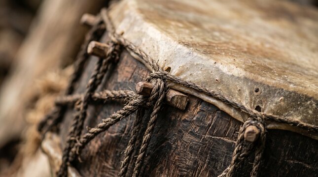 Macro texture of Papua tifa drum. Ideal for background, design texture, and cultural detail visuals.