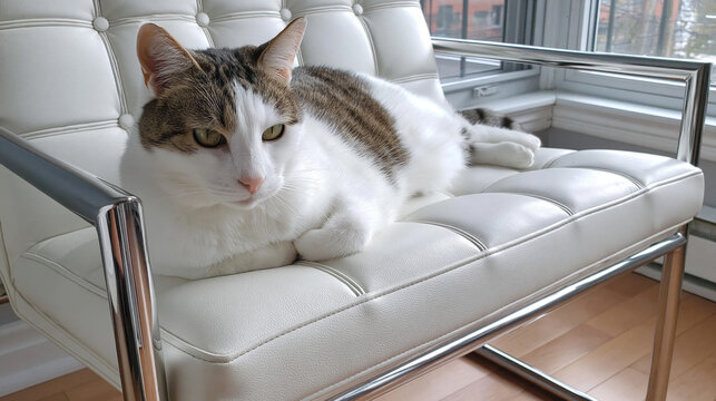 White cat in dignified loaf pose on minimalist white sofa in Bauhaus interior art