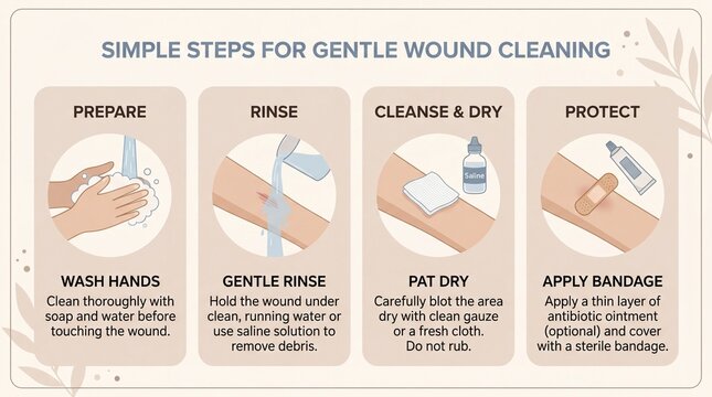 Simple steps for gentle wound cleaning, including washing hands, gentle rinse, pat dry, and applying bandage for protection, shown with soft colors and minimal medical aesthetic