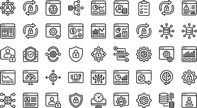 AI data analytics and security icon set featuring automation processing dashboards protection systems and modern outline vector symbols collection