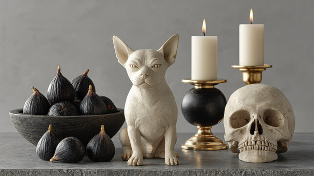 Professional vanitas still life with dog figurine skull candle and dark figs in pale tones