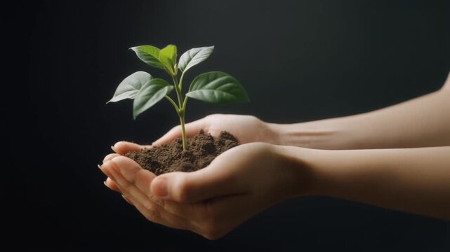 Hands gently holding a young green plant with soil, symbolizing new life and growth