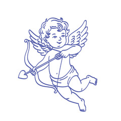 Naklejka premium Cute hand drawn flying Cupid with bow and heart tipped arrow. Vector line art illustration for Valentine's Day and wedding invitations.