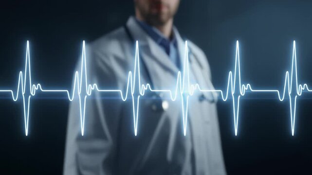 Healthcare professional interacting with AI-driven vital signs display, monitoring patient heartbeat data digitally.