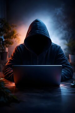 Anonymous Hacker Using Laptop in Dark Room &ndash; Cyber Security, Data Breach and Cybercrime Concept