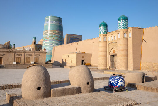 Morning on the square of the old town of Ichan-Kala. Khiva, Uzbekistan