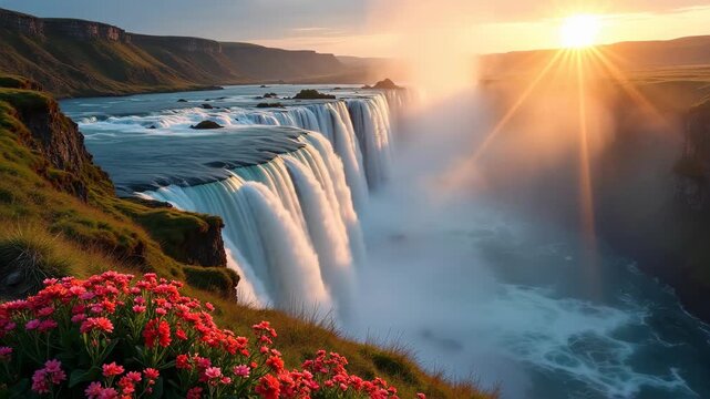 Spring waterfall cascading over blooming wildflower cliff edge with rainbow forming in mist at sunrise