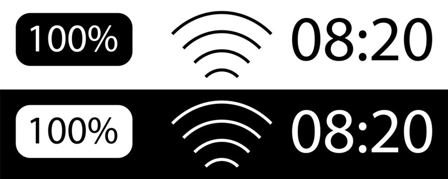 iPhone user interface icons, clock, WiFi signal, battery. Black and white icon set of mobile phone UI vector illustrations.