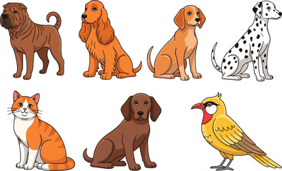 Obraz premium Set of domestic animals including dogs cat and bird detailed cartoon vector illustration for pet care and educational use