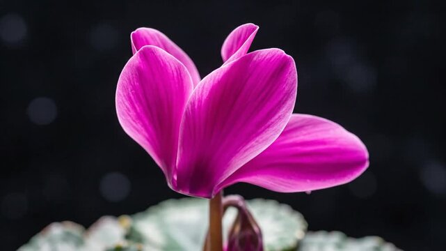 Vibrant pink cyclamen flower in close up, blooming magenta houseplant with delicate petals, floral botanical macro on dark bokeh background