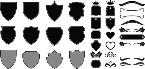 Set of shield badges frames and decorative elements including crowns hearts and ornamental shapes isolated vector collection