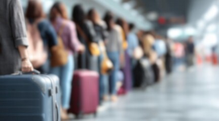 Fototapeta premium Group of people with suitcases waiting in long queue at terminal