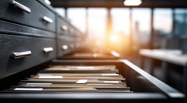 Close up of open filing cabinet drawer with file folders in office at sunset
