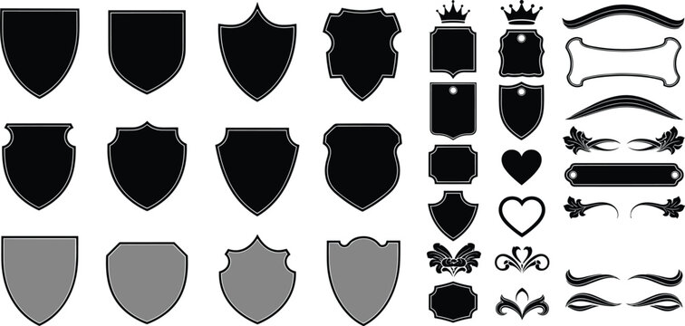 Set of shield badges frames and decorative elements including crowns hearts and ornamental shapes isolated vector collection