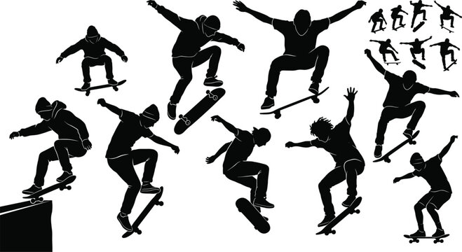 Skateboarder silhouettes performing tricks and jumps collection isolated on white background for urban sport and street culture design