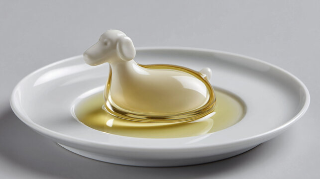 Fondant dog dissolving into golden consomme on white plate in Bauhaus minimalist art