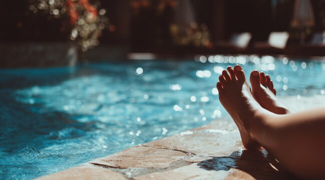 Bare feet on swimming pool edge with sparkling water
