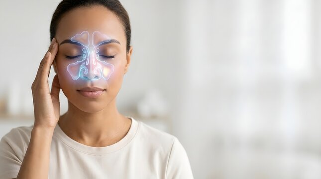 Woman experiencing sinus pain with highlighted facial areas, healthcare illustration showing headache pressure symptoms, medical awareness for inflammation relief treatment focus