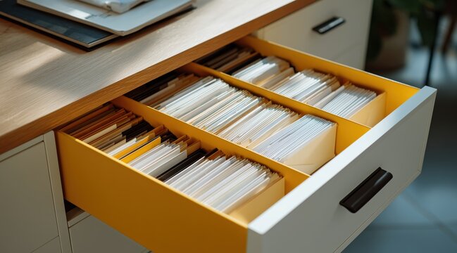 Open desk drawer with yellow interior filled with paper files and envelopes