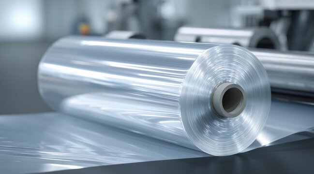 Large roll of transparent plastic film in industrial facility