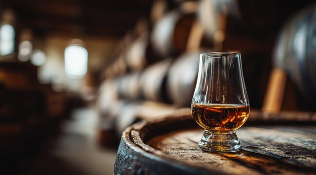 Whiskey glass with golden liquid on wooden barrel in distillery warehouse