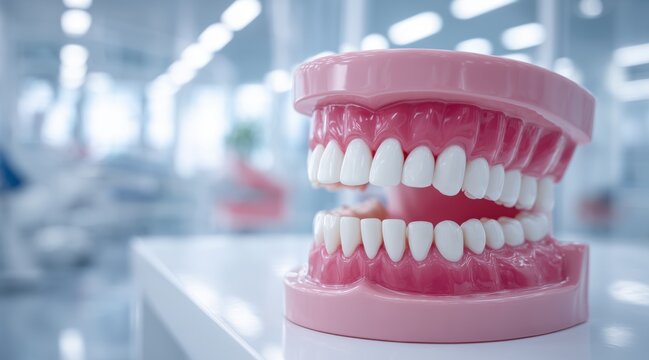 Dental model of human jaw with white teeth and pink gums in clinic