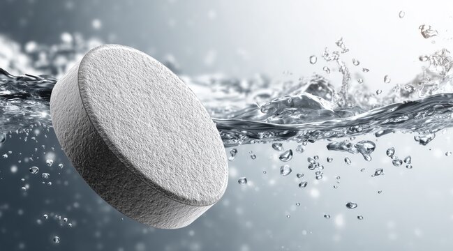 White effervescent tablet falling into water with splash and bubbles