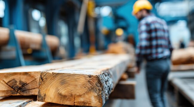 Wooden beam showing annual rings in industrial sawmill factory