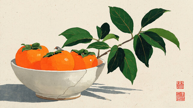Serene Japanese ink wash persimmons in white bowl with dark green leaves and red seal mark