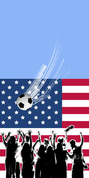 Soccer ball flying above cheering fans and American flag background. Concept of national football celebration, fan zone promo, stadium watch party, event poster and sports campaign.