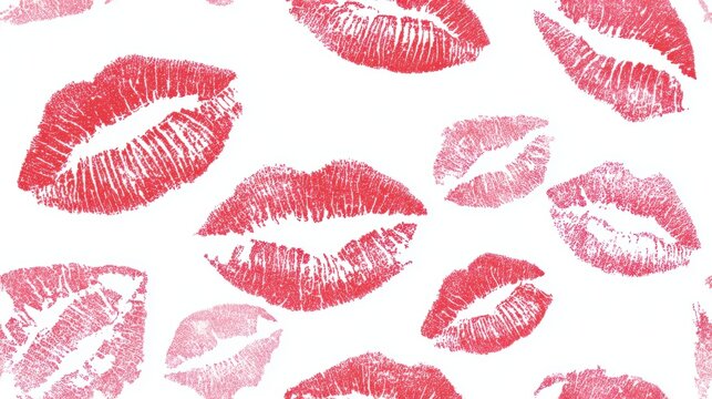 Romantic love theme for Valentines Day. A vibrant red lipstick kiss pattern on a crisp white background, creating a striking contrast. The lips are painted with a bold red hue.