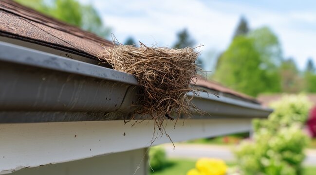 Bird nest resting on residential roof gutter