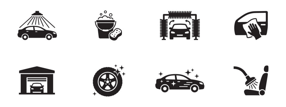 Car wash and detailing icon set. Vehicle service, care, and maintenance symbols. Vector illustration.