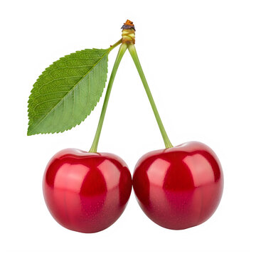 Fresh red cherries with green leaves on white