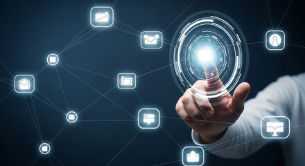 Obraz premium A businessman's hand interacting with a glowing blue swirl representing innovation and technology Businessman interacting with digital network connections and data exchange